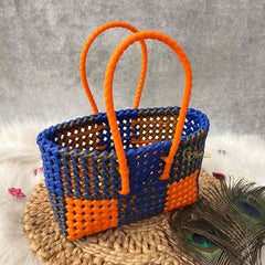 Vrikshamand Woven Plastic Wire Tote Bag With Vibrant Navy & Orange Checkerboard Basket-KRG2139