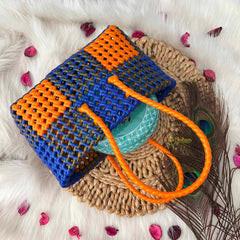 Vrikshamand Woven Plastic Wire Tote Bag With Vibrant Navy & Orange Checkerboard Basket-KRG2139