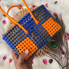 Vrikshamand Woven Plastic Wire Tote Bag With Vibrant Navy & Orange Checkerboard Basket-KRG2139