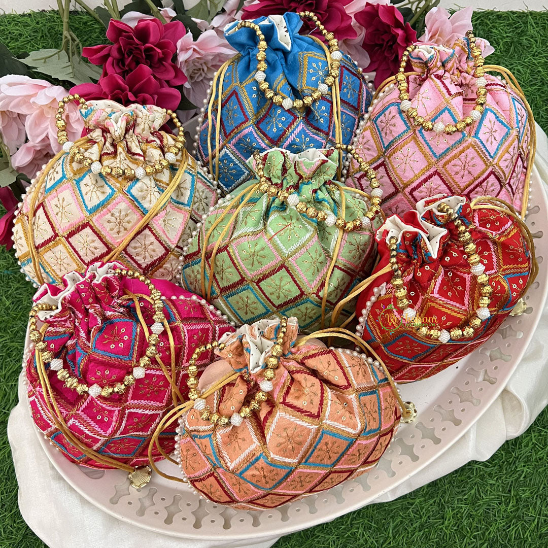 Return Gift Potli Bags-Floral In Square-6 Pieces Set-Golden Pearl-RG284