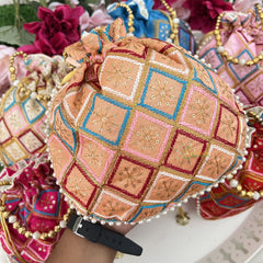 Return Gift Potli Bags-Floral In Square-6 Pieces Set-Golden Pearl-RG284