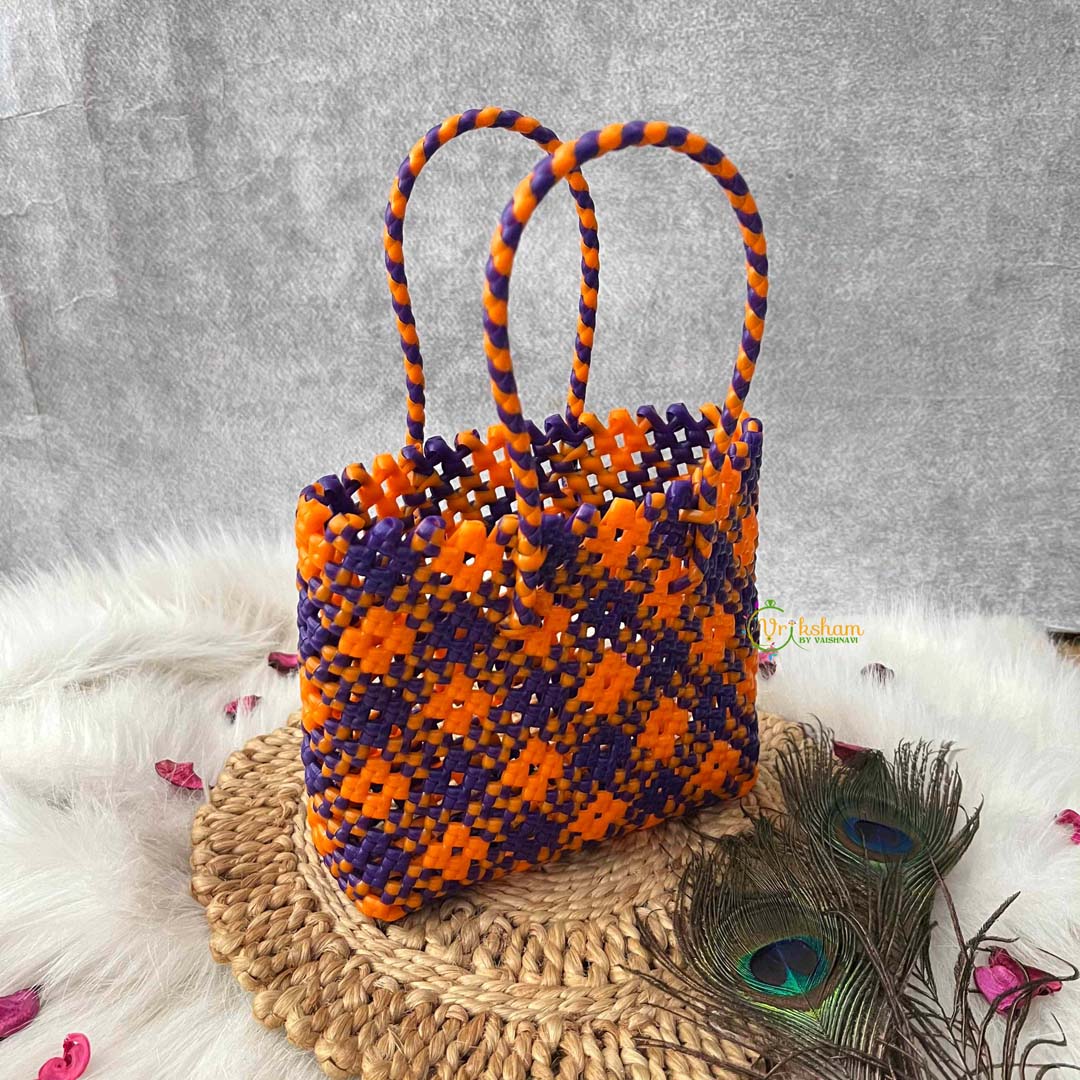 Vriksham Neon Orange & Royal Blue Hand-Woven Wire Tote Retro Checkerboard Market Bag-KRG2144