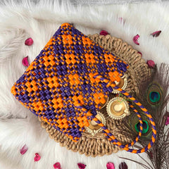 Vriksham Neon Orange & Royal Blue Hand-Woven Wire Tote Retro Checkerboard Market Bag-KRG2144
