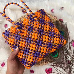Vriksham Neon Orange & Royal Blue Hand-Woven Wire Tote Retro Checkerboard Market Bag-KRG2144
