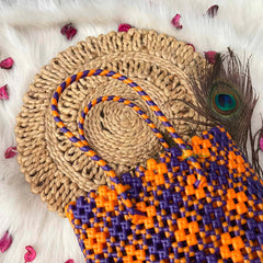 Vriksham Neon Orange & Royal Blue Hand-Woven Wire Tote Retro Checkerboard Market Bag-KRG2144