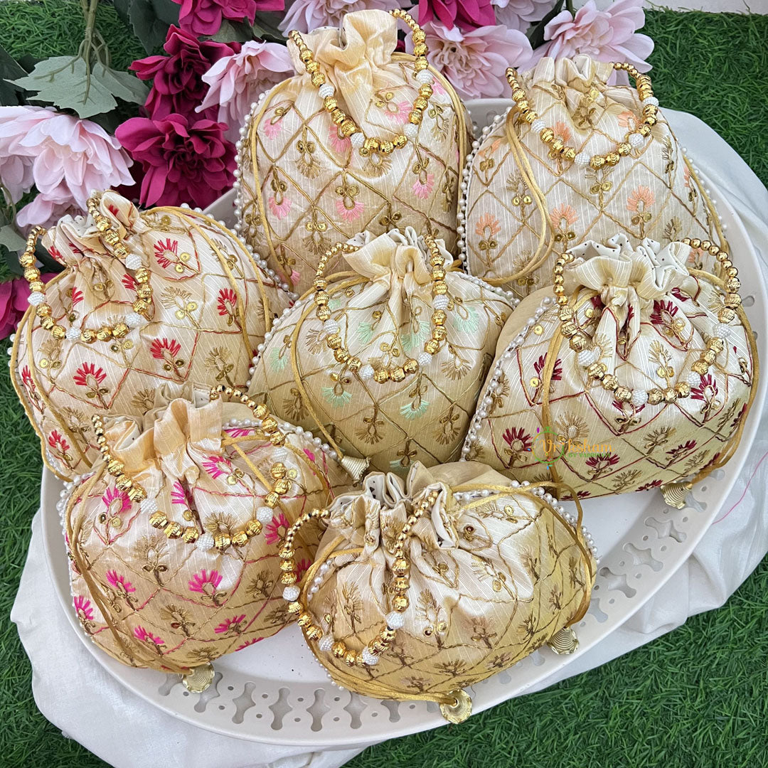 Return Gift Potli Bags-Floral Golden Design-6 Pieces Set-Golden Pearl-RG285