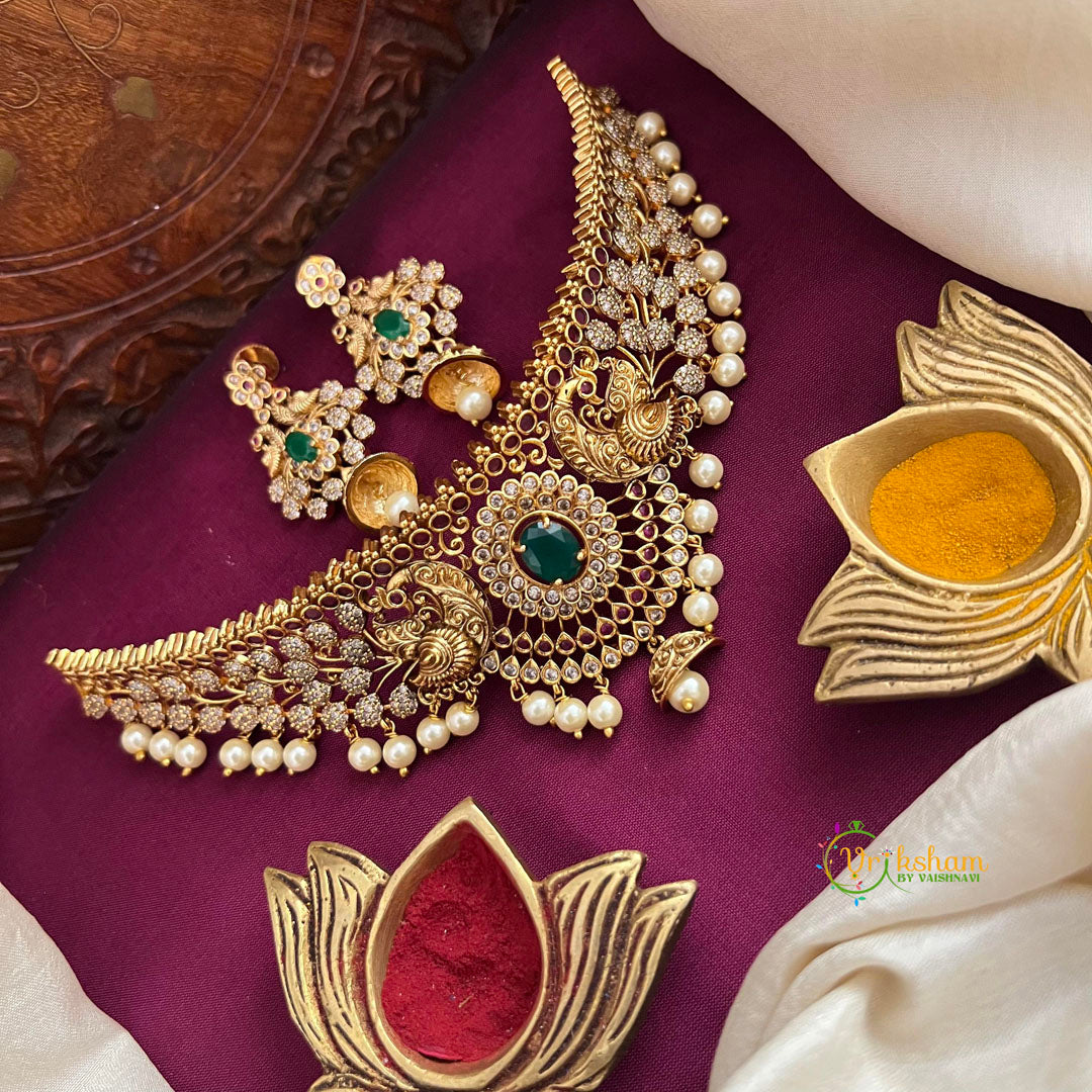 Green Stone AD Peacock Style Choker Neckpiece-Vriksham-G22534