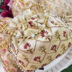 Return Gift Potli Bags-Floral Golden Design-6 Pieces Set-Golden Pearl-RG285