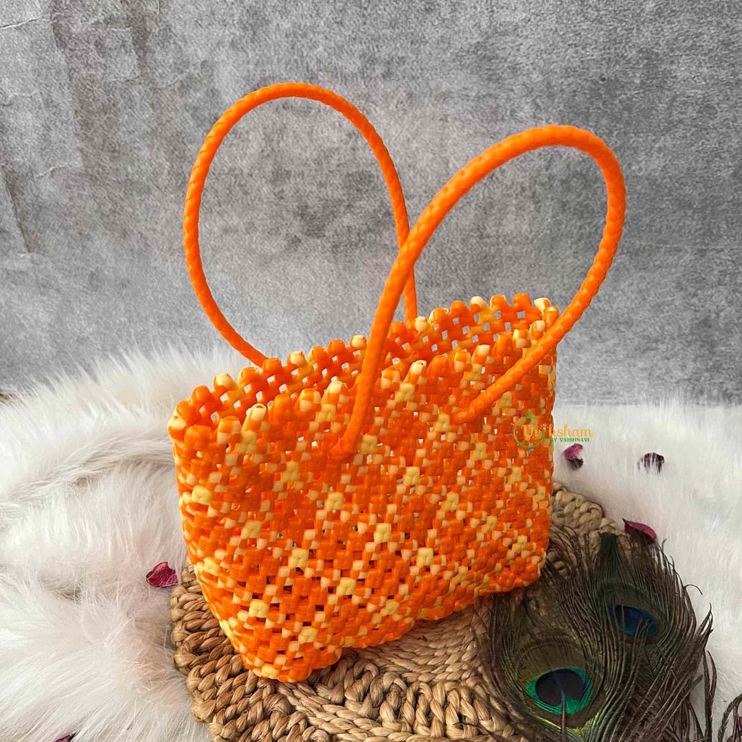 Vriksham Sunburst Hand-Woven Tote Orange & Off White Lattice Bag-KRG2150