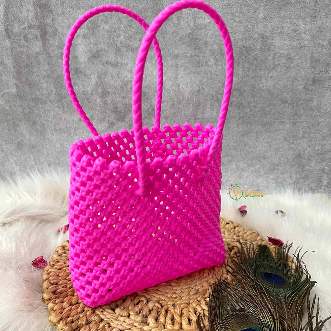 Vriksham Classic Pink Hand-Woven Wire Tote Retro Checkerboard Market Bag-KRG2149