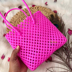 Vriksham Classic Pink Hand-Woven Wire Tote Retro Checkerboard Market Bag-KRG2149