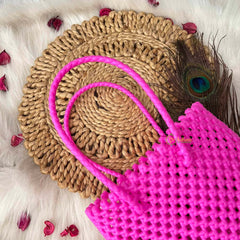 Vriksham Classic Pink Hand-Woven Wire Tote Retro Checkerboard Market Bag-KRG2149