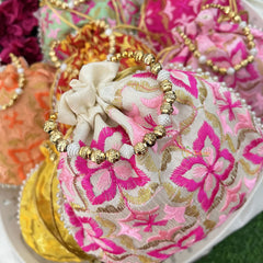 Return Gift Potli Bags-Floral Brocade With Beaded Handle-6 Pieces Set-RG287