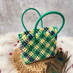 Vriksham Trio Color Green White & Royal Blue Hand-Woven Wire Tote Retro Checkerboard Market Bag-KRG2145