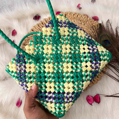 Vriksham Trio Color Green White & Royal Blue Hand-Woven Wire Tote Retro Checkerboard Market Bag-KRG2145