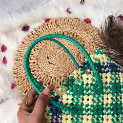 Vriksham Trio Color Green White & Royal Blue Hand-Woven Wire Tote Retro Checkerboard Market Bag-KRG2145