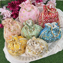 Return Gift Potli Bags-Embroidered Sequin Work & Pearl Beads Handle-6 Pieces Set-RG288