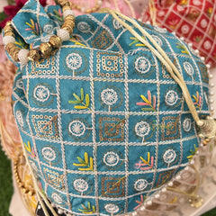 Return Gift Potli Bags-Embroidered Sequin Work & Pearl Beads Handle-6 Pieces Set-RG288