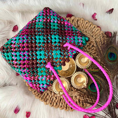 Vriksham Mixed Color Green Pink & Maroon Hand-Woven Wire Tote Retro Checkerboard Market Bag-KRG2146