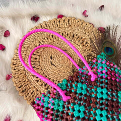 Vriksham Mixed Color Green Pink & Maroon Hand-Woven Wire Tote Retro Checkerboard Market Bag-KRG2146