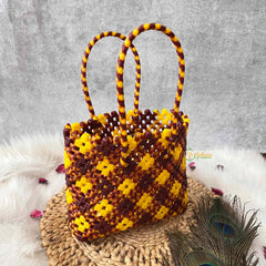 Vriksham Yellow & Copy Hand-Woven Wire Tote Retro Checkerboard Market Bag-KRG2147