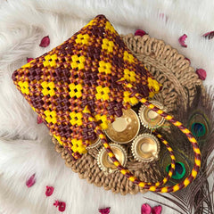 Vriksham Yellow & Copy Hand-Woven Wire Tote Retro Checkerboard Market Bag-KRG2147