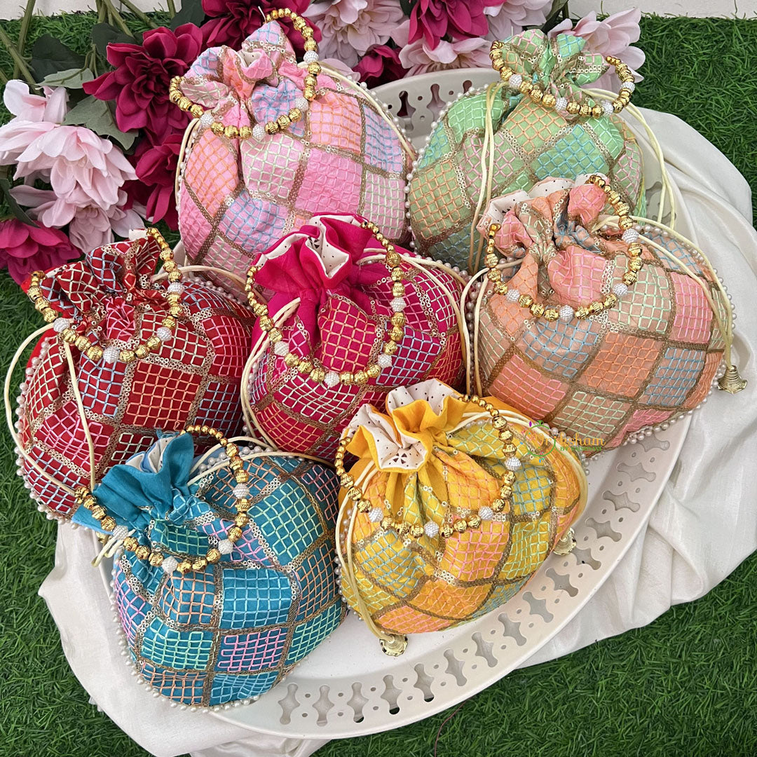 Return Gift Potli Bags-Geometric Embroidery & Pearl Beads Handle-6 Pieces Set-RG289