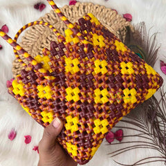 Vriksham Yellow & Copy Hand-Woven Wire Tote Retro Checkerboard Market Bag-KRG2147