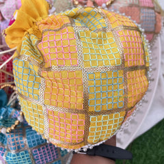 Return Gift Potli Bags-Geometric Embroidery & Pearl Beads Handle-6 Pieces Set-RG289