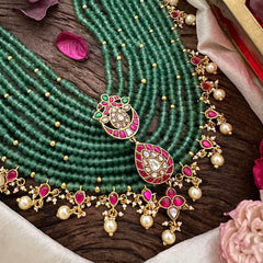 Royal Multilayered Jadau Kundan Rani Haar-Pearl-Green Bead-J2323