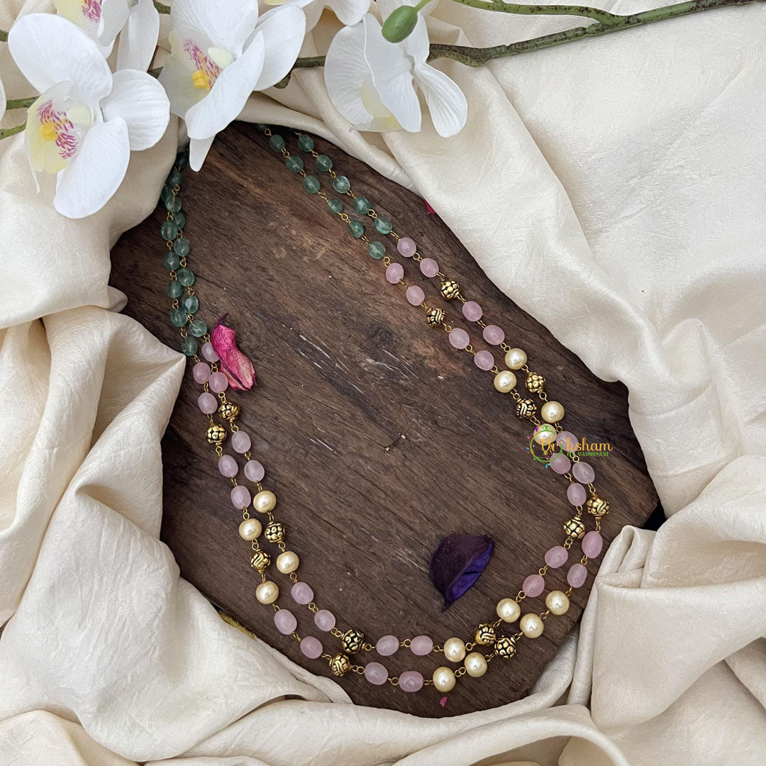 Layered Pastel Green & Pink Bead Mala-Golden Pearl-G15009