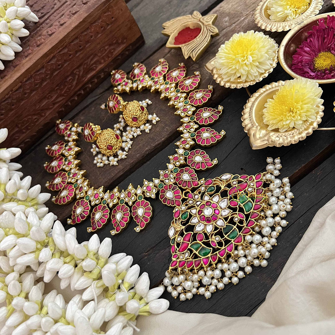 Vriksham Elegant 20 Manga With Floral Pendant Style Kundan Jadau Neckpiece-Red Green & White-Pearl-J3812