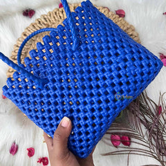 Vriksham Royal Blue Hand-Woven Wire Tote Retro Checkerboard Market Bag-KRG2148