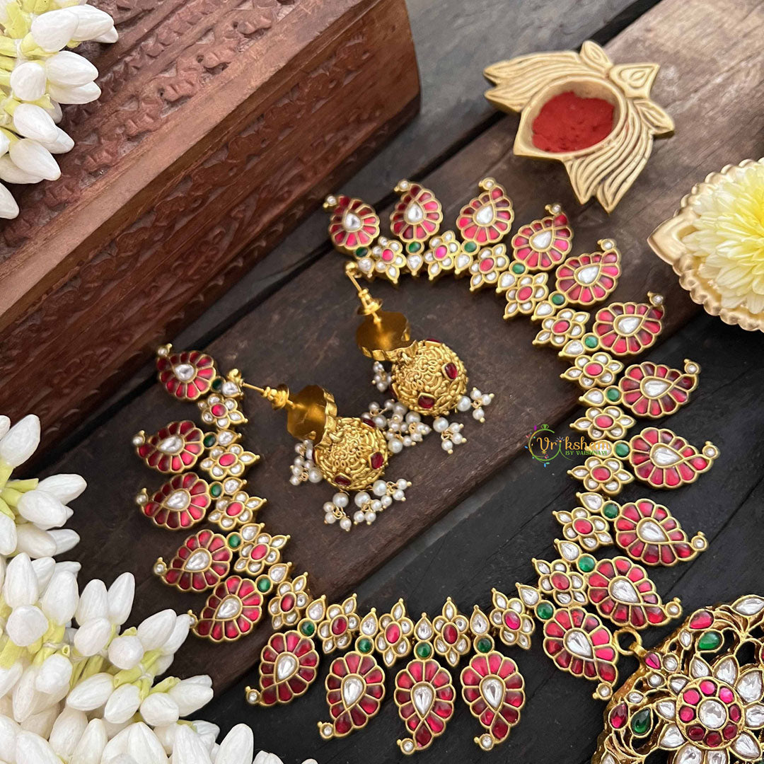Vriksham Elegant 20 Manga With Floral Pendant Style Kundan Jadau Neckpiece-Red Green & White-Pearl-J3812