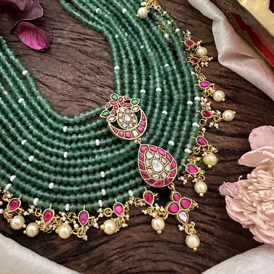 Royal Multilayered Jadau Kundan Haram-Pearl-Green Beads-J2243