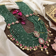 Royal Multilayered Jadau Kundan Haram-Pearl-Green Beads-J2243