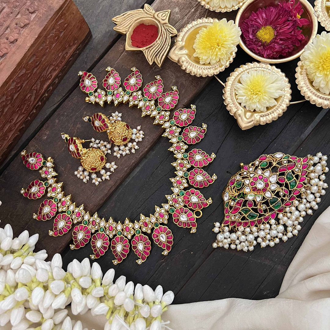 Vriksham Elegant 20 Manga With Floral Pendant Style Kundan Jadau Neckpiece-Red Green & White-Pearl-J3812