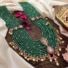 Royal Multilayered Jadau Kundan Rani Haar-Pearl-Green Bead-J2323