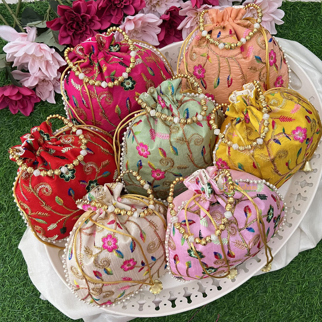 Return Gift Potli Bags-Handmade Embroidered & Pearl Beads Handle-6 Pieces Set-RG290