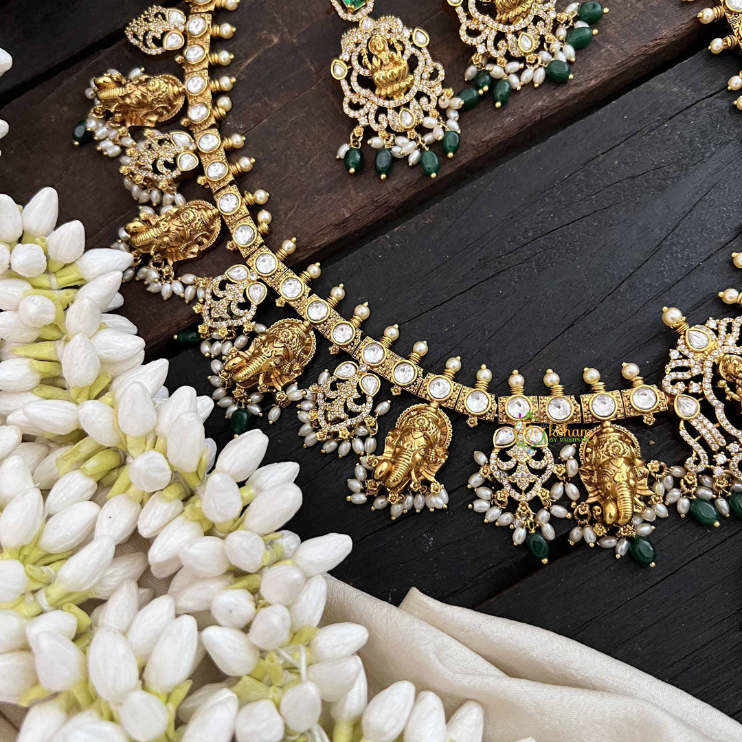 Vriksham Premium Elephant Styles Kundan Jadau Guttapusalu Long Neckpiece-Green & Rice Pearl Bead-J3820