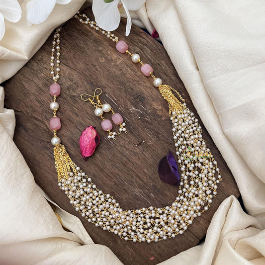 Elegant Pearl Layered Maala Neckpiece-Pastel Pink Bead-G14983