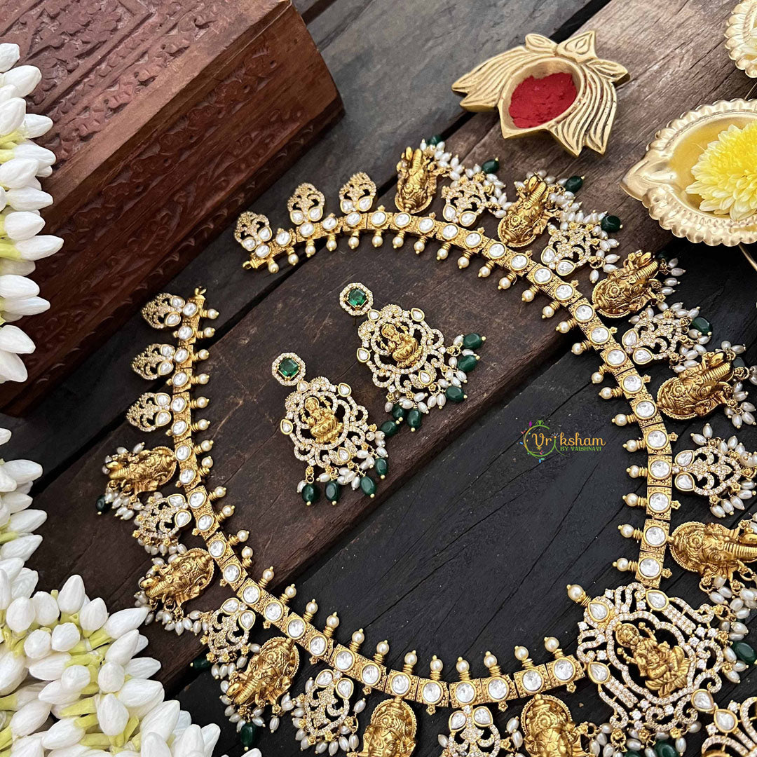 Vriksham Premium Elephant Styles Kundan Jadau Guttapusalu Long Neckpiece-Green & Rice Pearl Bead-J3820
