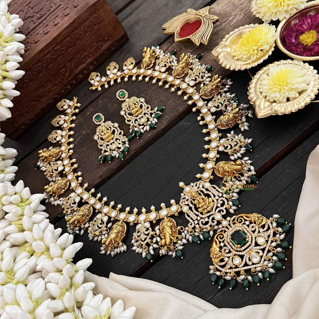 Vriksham Premium Elephant Styles Kundan Jadau Guttapusalu Long Neckpiece-Green & Rice Pearl Bead-J3820