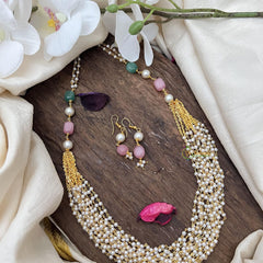 Elegant Pearl Layered Maala Neckpiece-Pastel Green & Pink Bead-G14982