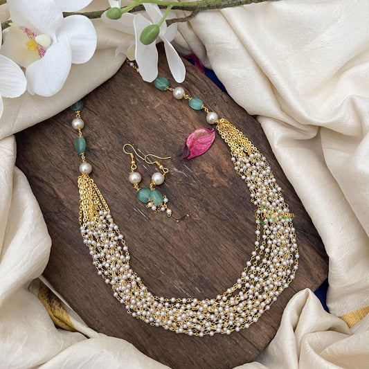 Elegant Pearl Layered Maala Neckpiece-Pastel Green Bead-G14981