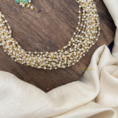 Elegant Pearl Layered Maala Neckpiece-Pastel Green Bead-G14981