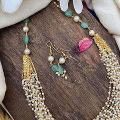 Elegant Pearl Layered Maala Neckpiece-Pastel Green Bead-G14981