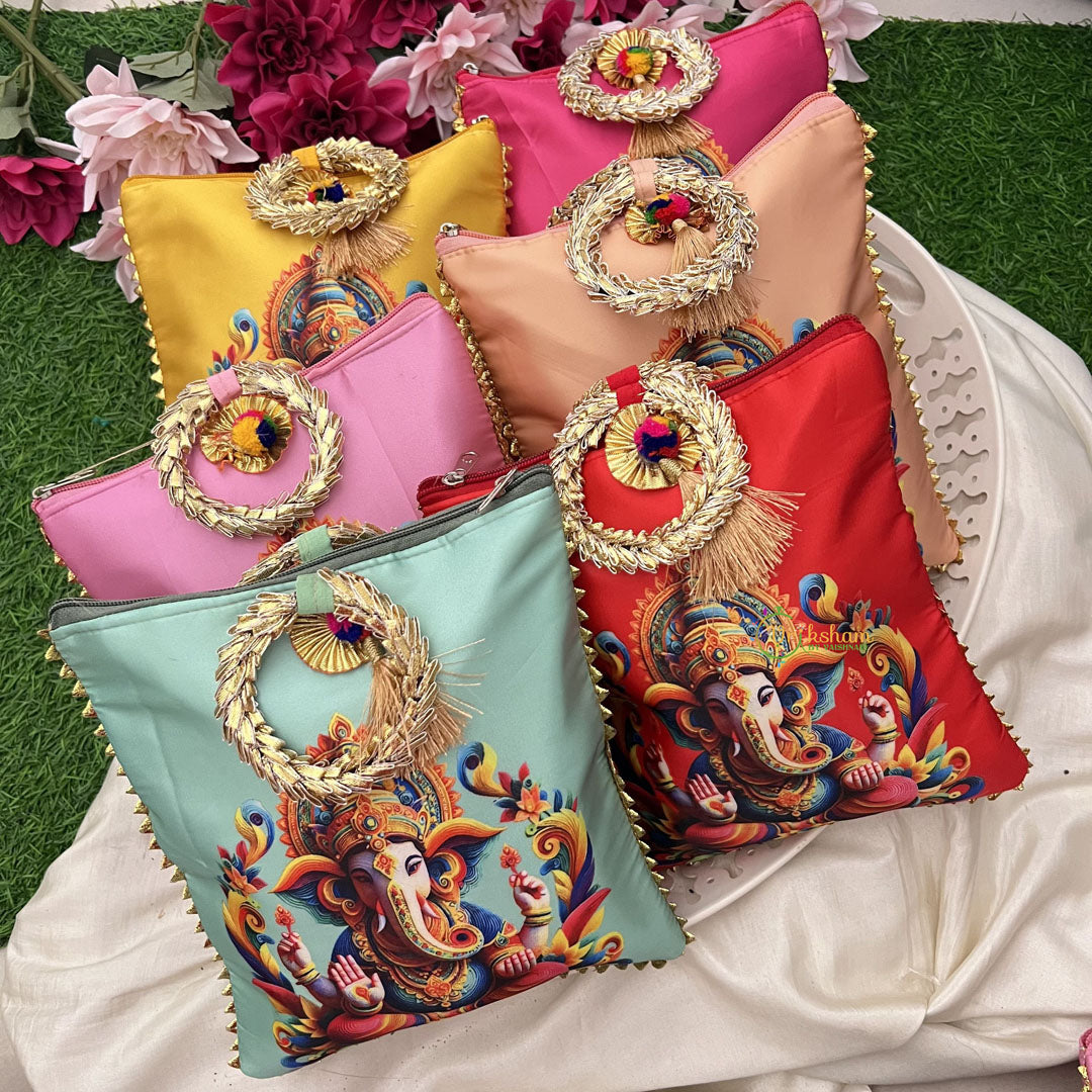 Return Gift Hand Bags-Ethnic Ganpati Gift Pouch With Golden Handle-6 Pieces Set-RG293