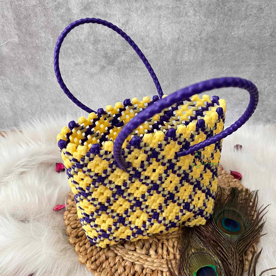 Vriksham Sunburst Hand-Woven Tote Purple and Creamy Yellow Lattice Bag-KRG2154
