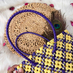 Vriksham Sunburst Hand-Woven Tote Purple and Creamy Yellow Lattice Bag-KRG2154